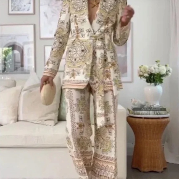 Zara Pants - NEW! ZARA WOMAN PRINTED LINEN BLEND BLAZER + PANTS SET Size XS NWT!